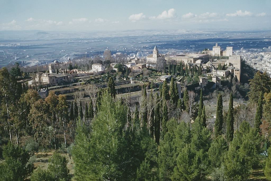 A view of the Alhambra as seen from the Moors Chair (Silla del Moro), Granada, Spain, 1960.