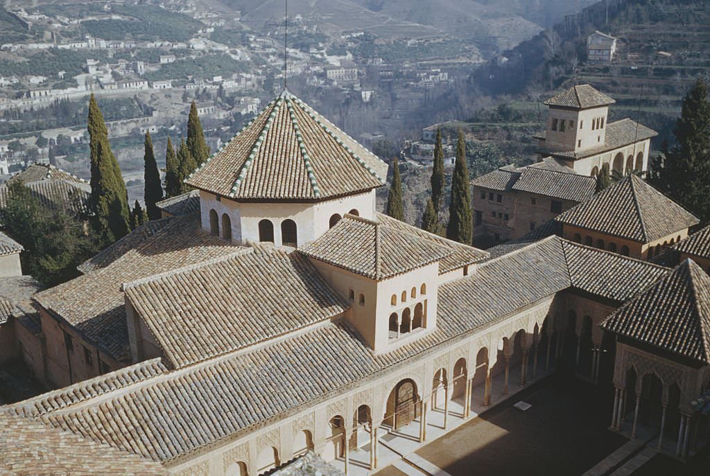 A high angle view of the Court of the Lions courtyard in the Alhambra, Granada, Spain, 1960.