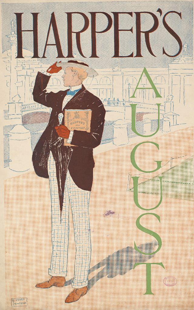 A man holds a magazine and umbrella looks back, Harper's August, 1893