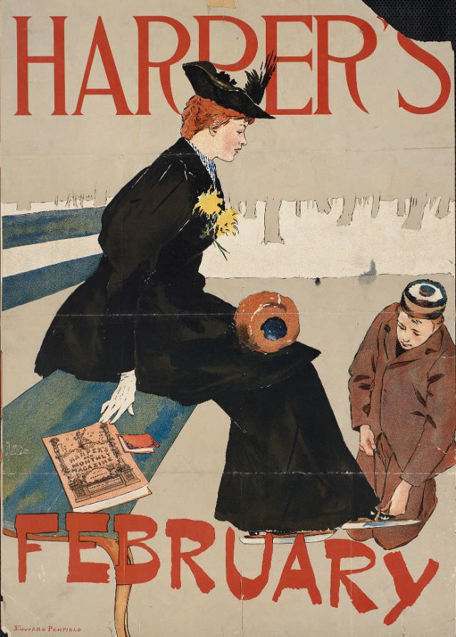A woman sits on a bench while a man puts ice skates on her shoes, Harper's February, 1894