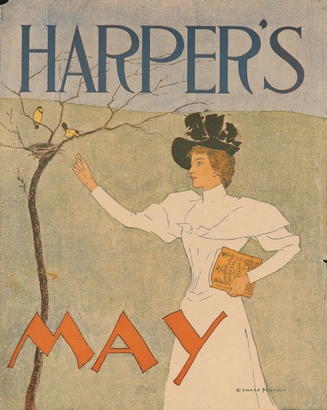 Woman holding a magazine holding a hand out to two birds perched near a nest, Harper's May, 1894