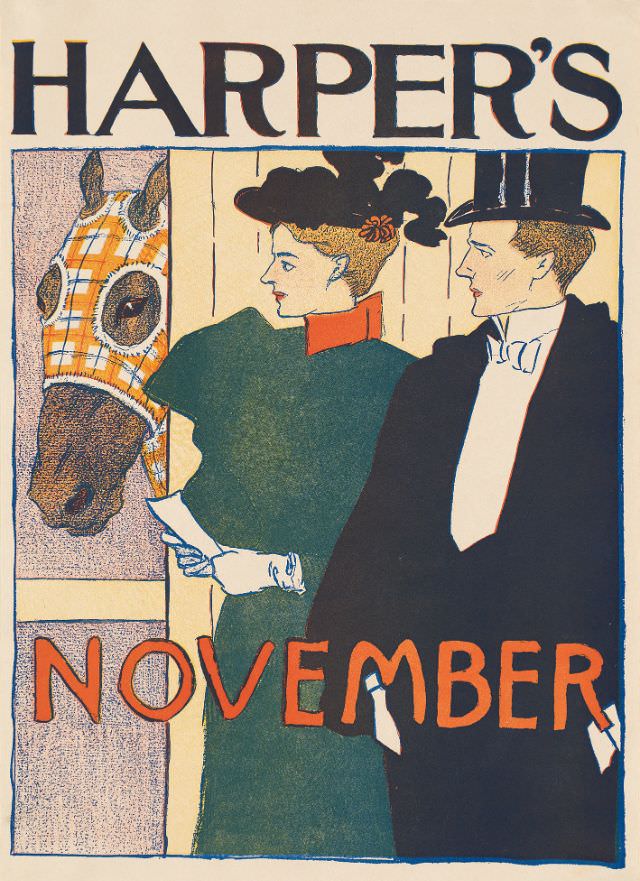 A man and woman look at a horse, Harper's November, 1895