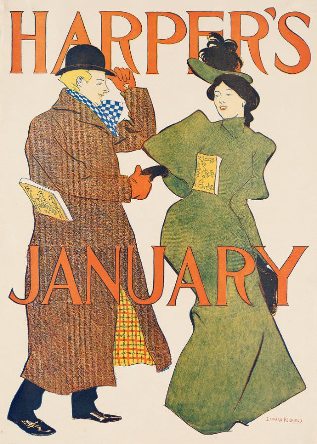 A man holds a woman's hand, Harper's January, 1895