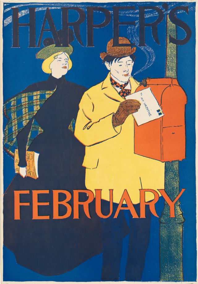 A man mails a letter while a woman stands behind him, Harper's February, 1895