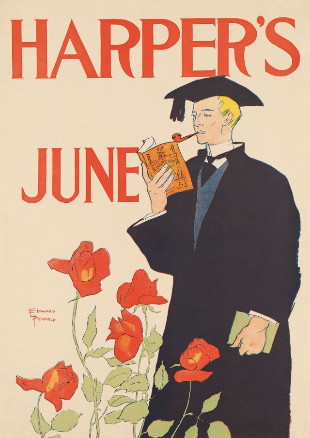 A man wearing cap and gown reads a magazine while smoking a pipe, Harper's June, 1895