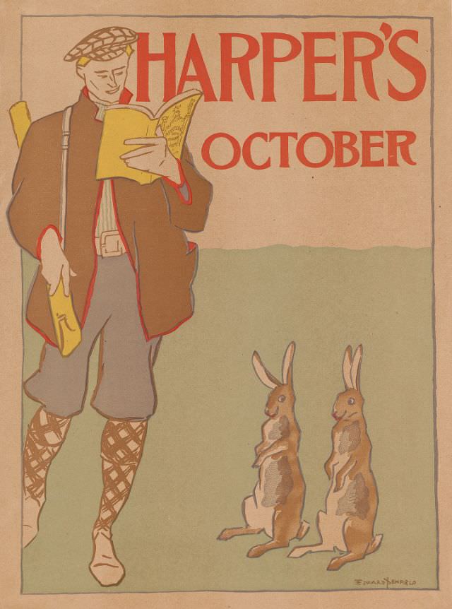 A man wearing sporting gear reads Harper's New Monthly Magazine, watched by two rabbits, Harper's October, 1895