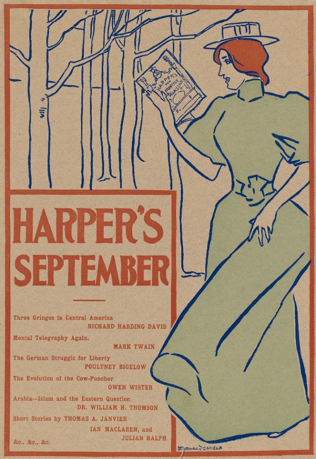 A woman reads Harper's New Monthly Magazine, Harper's September, 1895