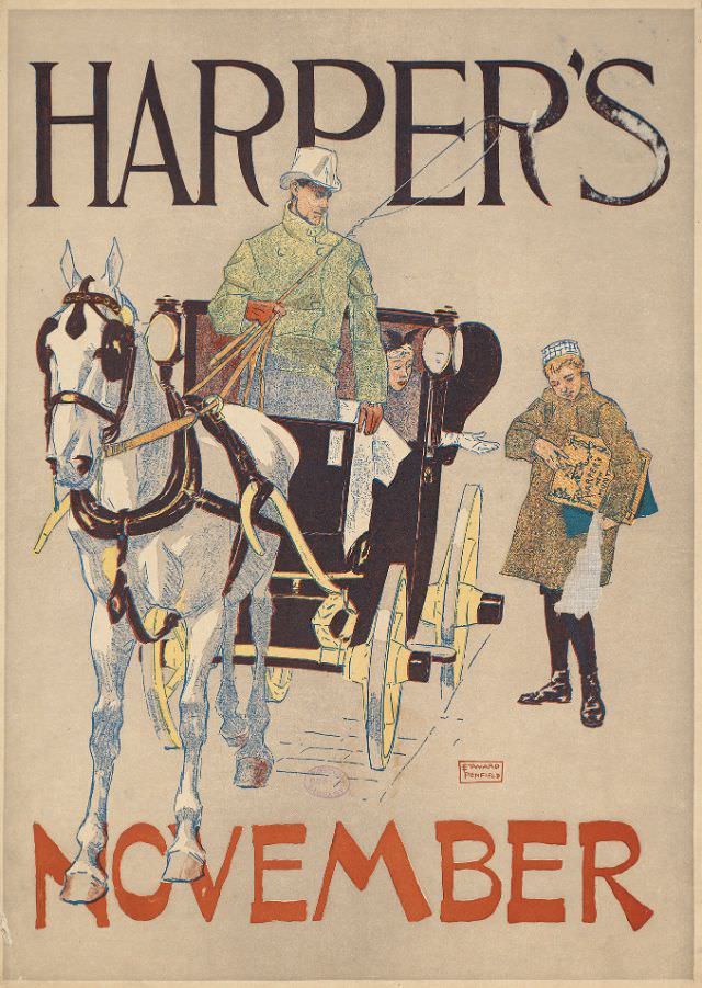 A woman buys a magazine from a boy while sitting inside a horse-drawn carriage being driven by a man, Harper's November, 1893