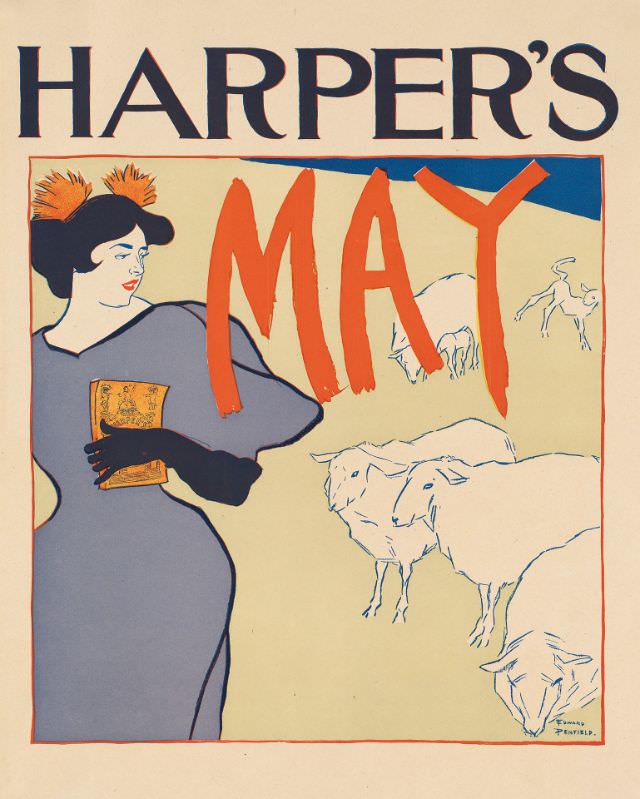 A woman stands holding a magazine, looking behind her to a flock of sheep, Harper's May, 1895