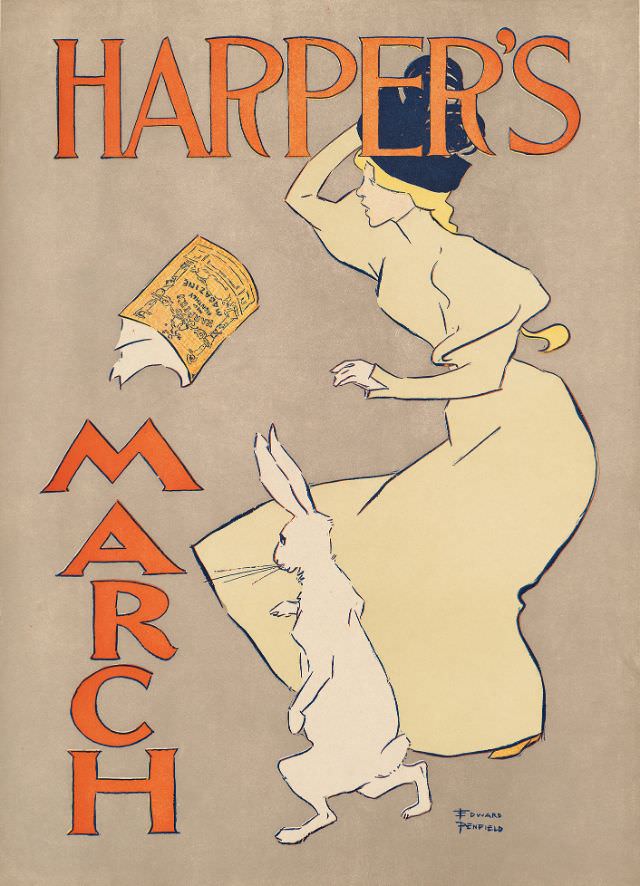 A woman stands next to a rabbit, both looking at a floating magazine, Harper's March, 1895