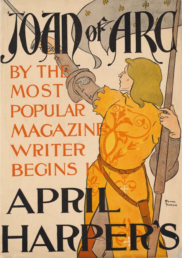 Joan of Arc holds up a sword while holding onto a banner, April Harper's, 1895