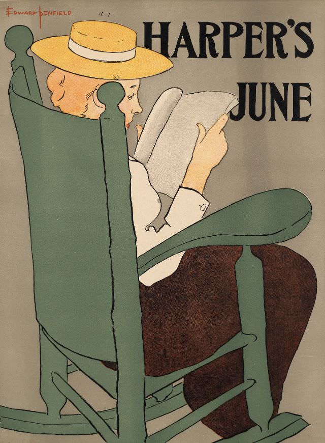 A man sits in a rocking chair reading, Harper's June, 1896