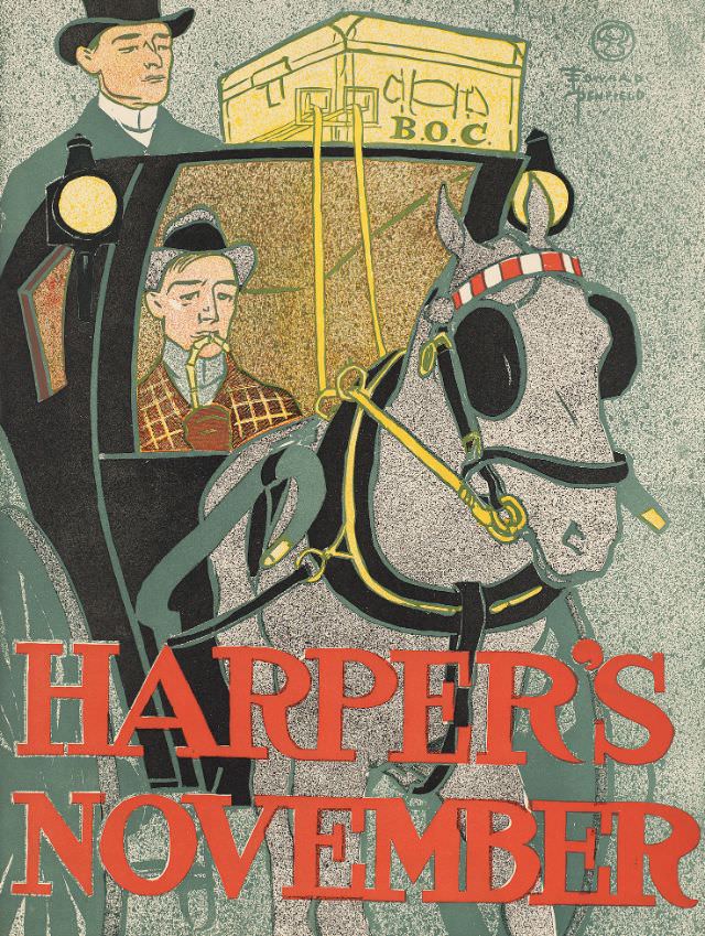 A man sits inside a horse-drawn coach while the driver sits above, Harper's November, 1896