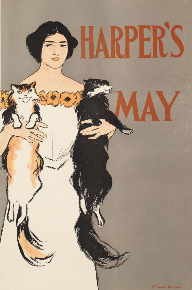 A woman holds two cats, Harper's May, 1896
