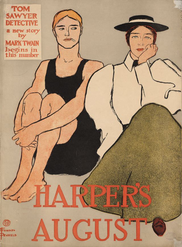 A woman sits with a man in a bathing costume, Harper's August, 1896