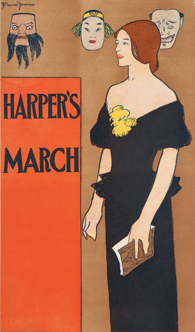A woman stands holding a magazine with three masks behind her, Harper's March, 1896