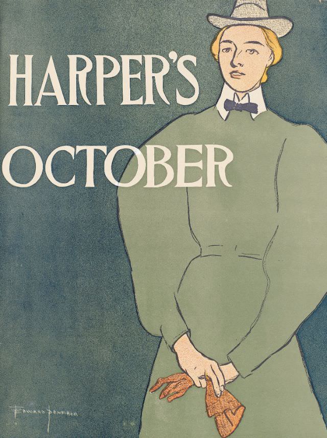 A woman stands holding her gloves in her hands, Harper's October, 1896