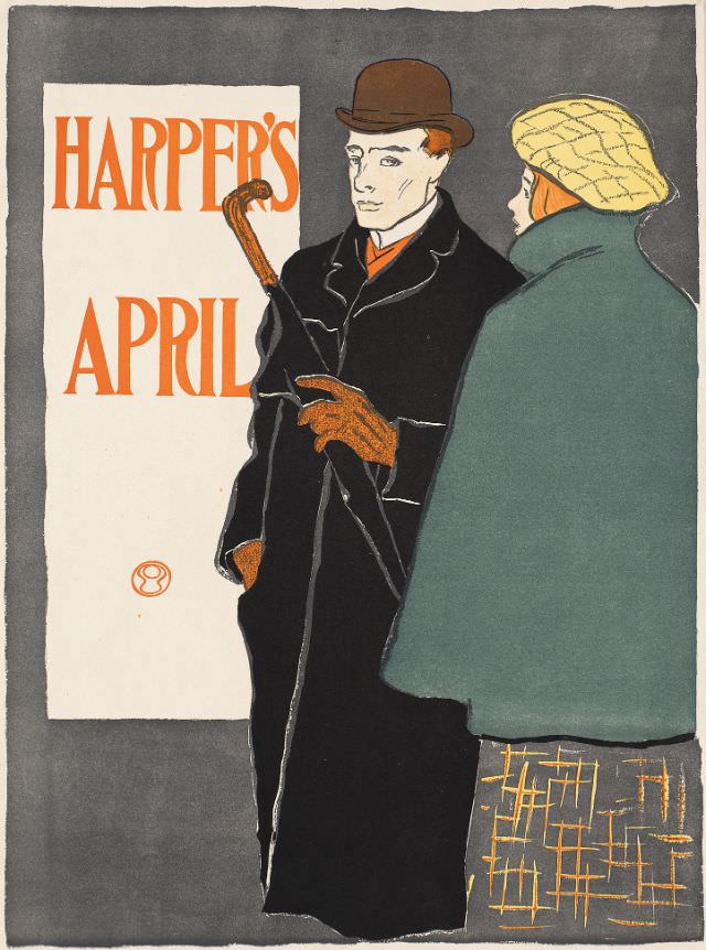 A woman stands next to a man holding an umbrella, Harper's April, 1896