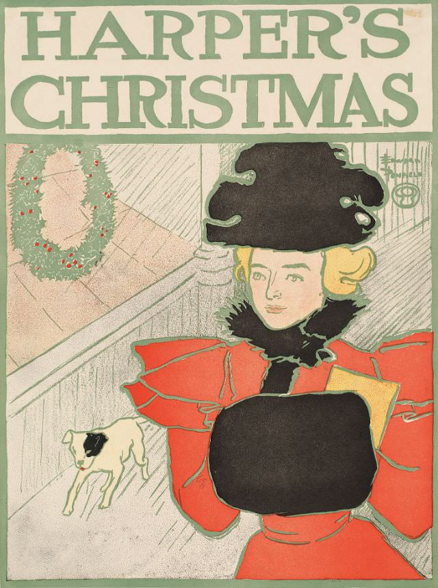 A woman stands with her hands in a muff with a dog behind her, Harper's Christmas, 1896