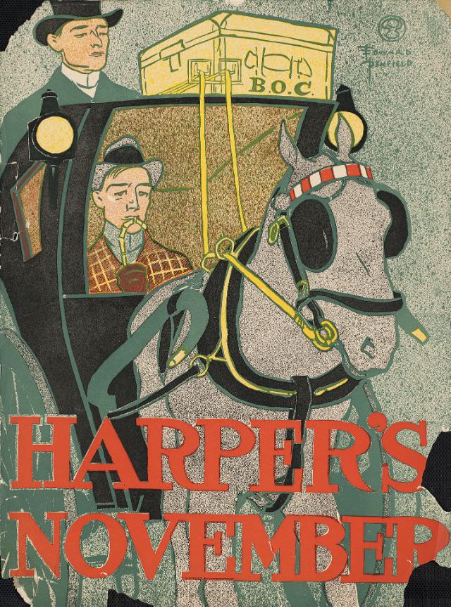 Two men riding in a carriage drawn by one horse, Harper's November, 1896