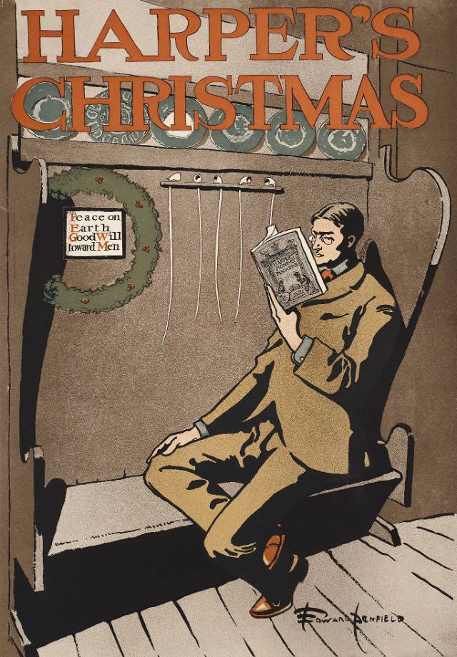 A man sits reading a magazine, Harper's Christmas, 1897