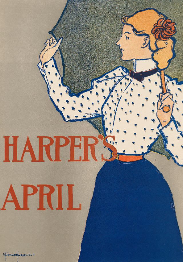 A woman stands holding an umbrella open above her, Harper's April, 1897