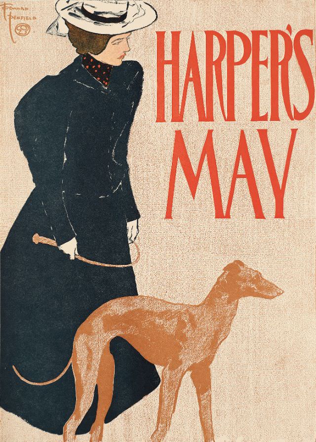 A woman stands with a dog next to her, Harper's May, 1897