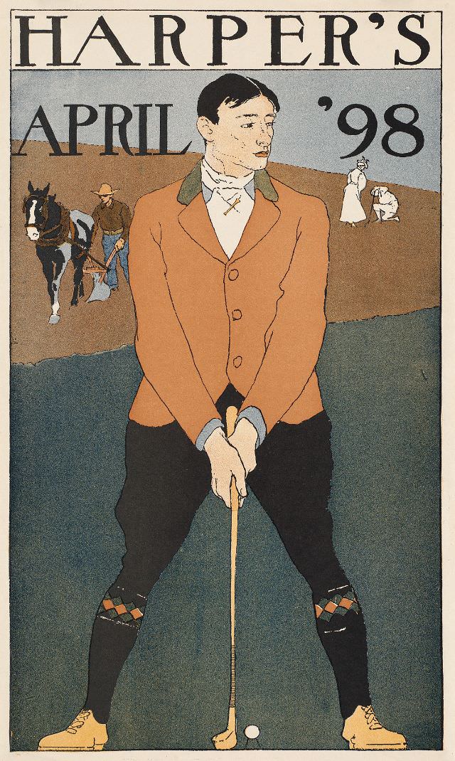 A man stands ready to hit a golf ball, Harper's April '98, 1898