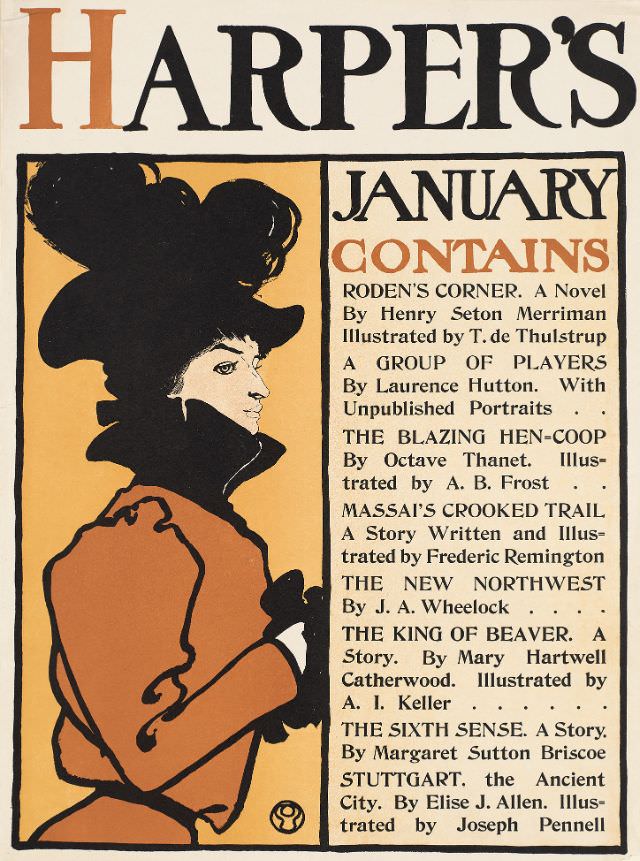 A woman stands clasping her hand, Harper's January, 1898