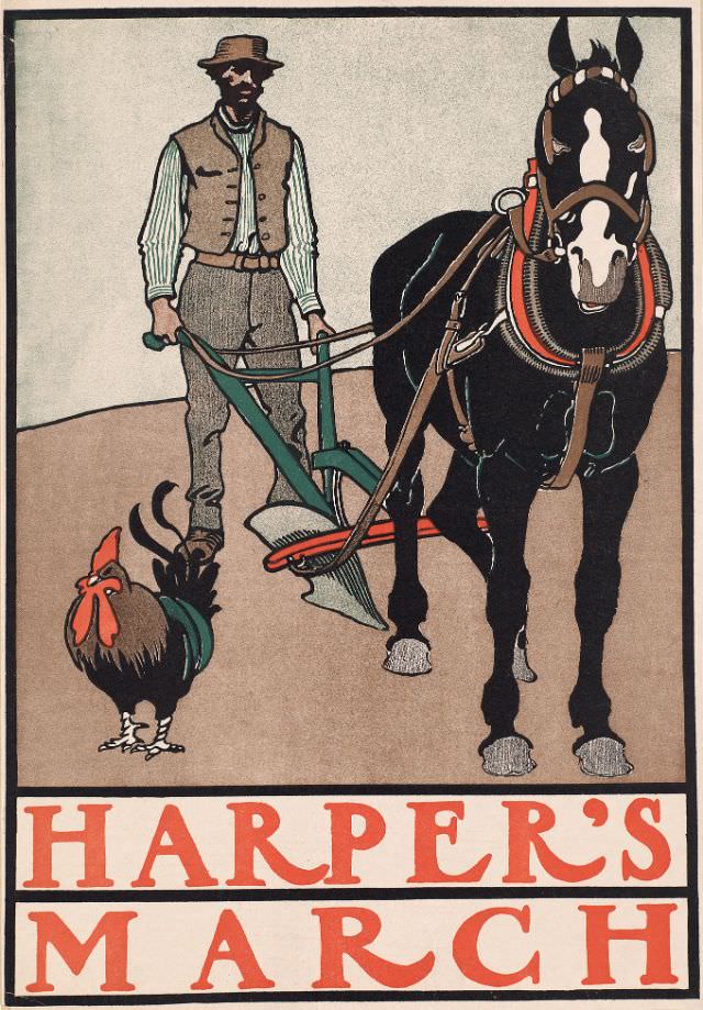 A man holds a plough hooked to a horse, Harper's March, 1899