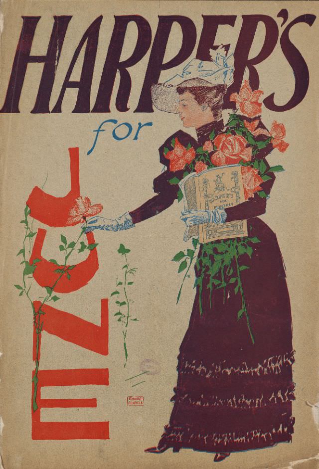 A woman stands holding a magazine and flowers while she picks another flower, Harper's for June, 1893