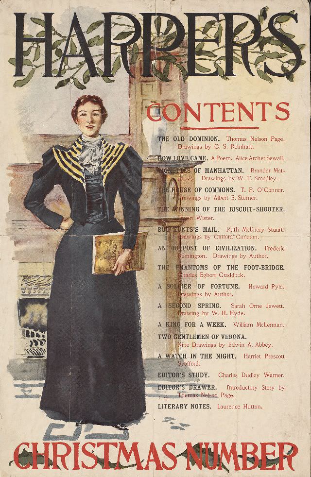 A woman stands holding a magazine, Harper's Christmas Number, 1893
