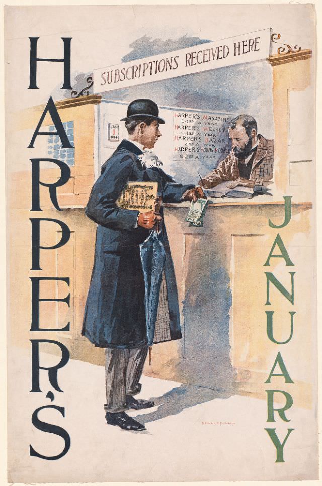 A man purchases a Harper's New Monthly Magazine subscription, Harper's January, 1894