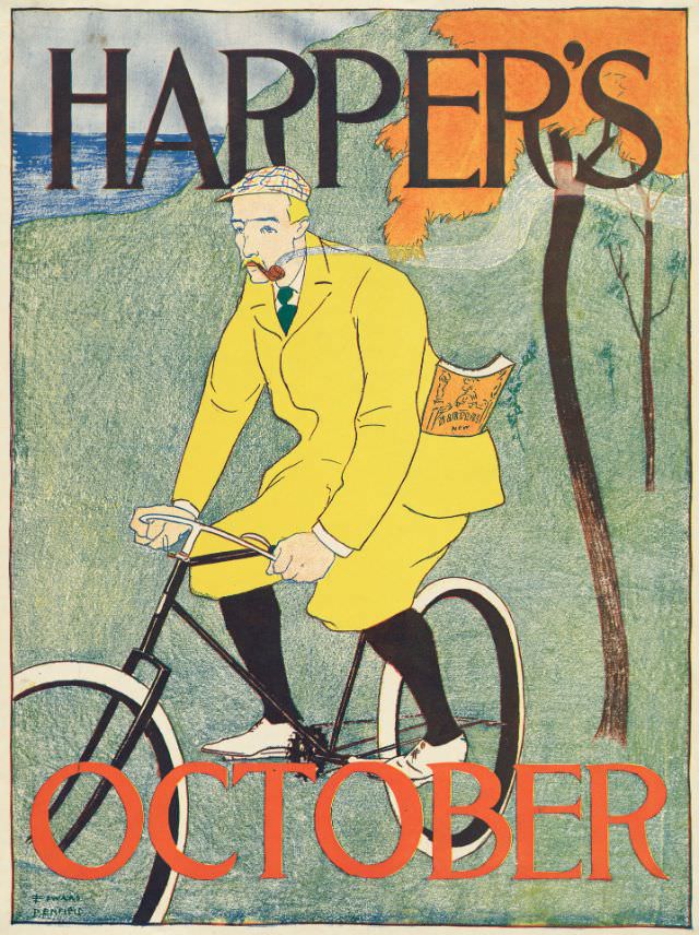 A man rides a bicycle with a magazine in a coat pocket, Harper's October, 1894
