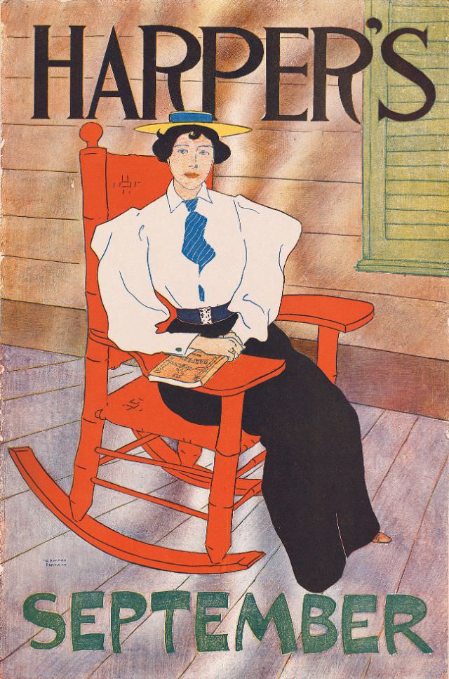 A woman sits in a rocking chair, Harper's September, 1894