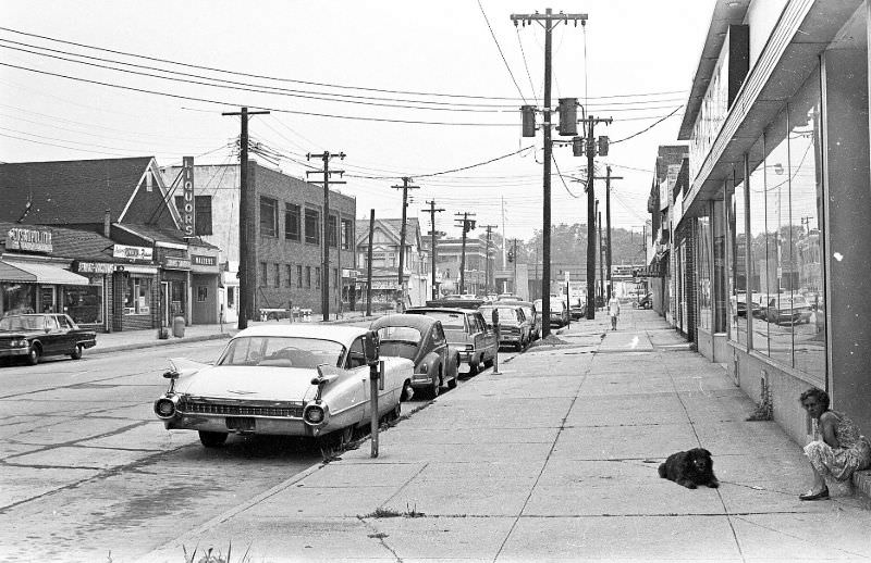 Looking east toward Broadway from middle of block of W Marie St. 1/2 way to Jerusalem Ave., Hicksville, New York, 1967