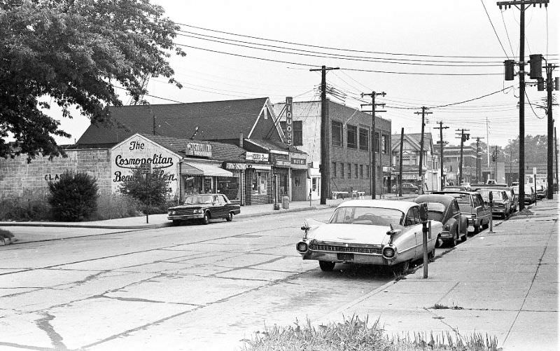 Looking toward Broadway on W Marie St. Firehouse to the right in the background, Hicksville, New York, 1967