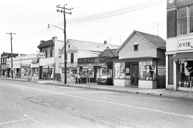 Most of west side of block between W Nicholai St. and W Marie St. on Broadway, Hicksville, New York, 1966