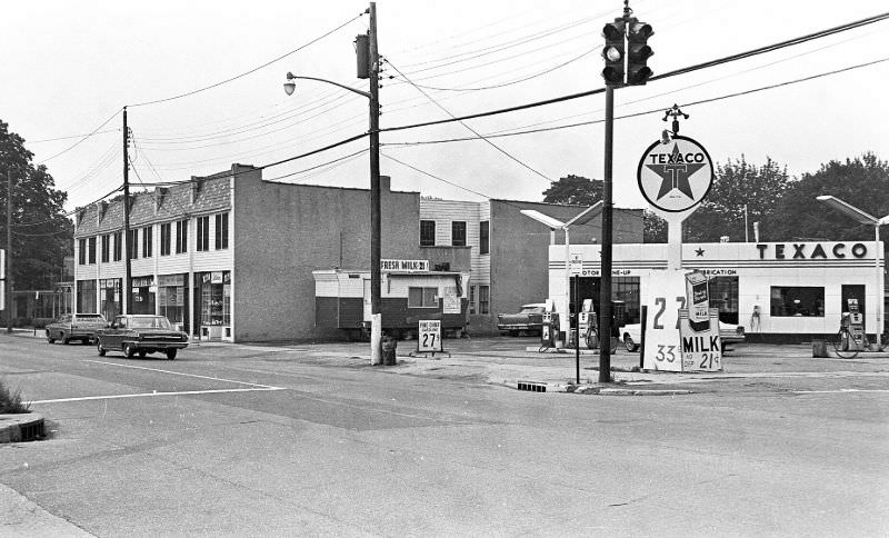 SW corner of Jerusalem Ave.( with cars ) and W Marie St. The apartment house was formerly the house lot of William Simonson, in 1907, Hicksville, New York, 1967