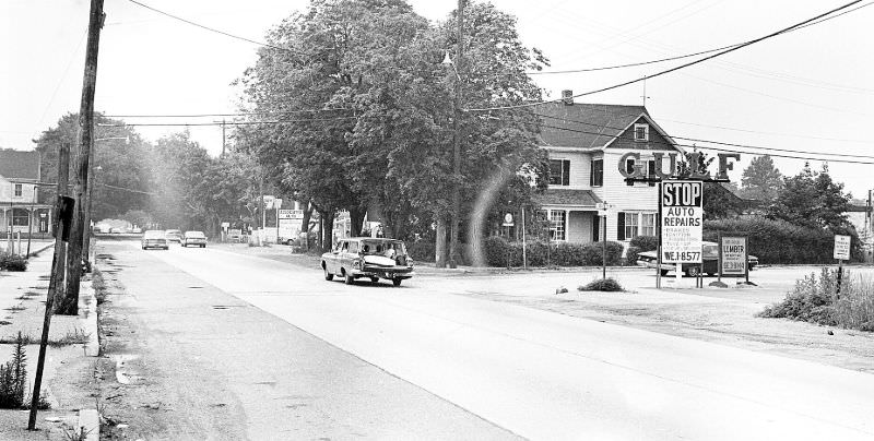 New Bridge Rd. at corner of Duffy Ave. Top- left is Kasten Store. To the right is the John Kasten house, Hicksville, New York, 1966