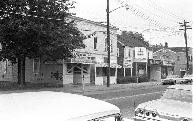 West side of Broadway, to the right is Dwyer's Inn, Hicksville, New York, 1967