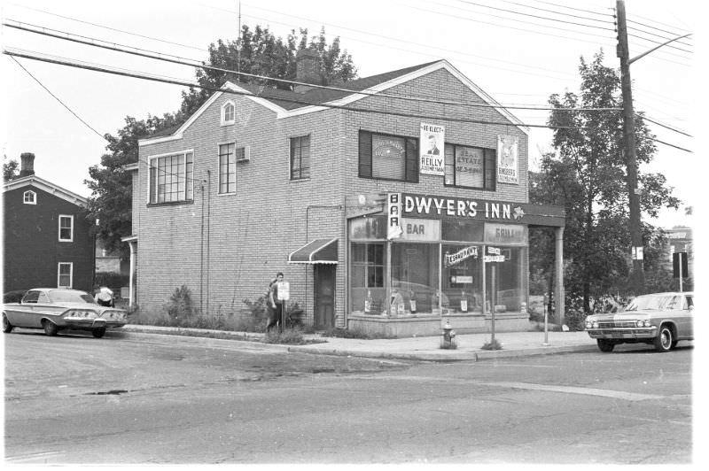 NW corner of Broadway and W Cherry St. Dwyer's Inn was the Windsor Hotel in 1902, Hicksville, New York, 1966