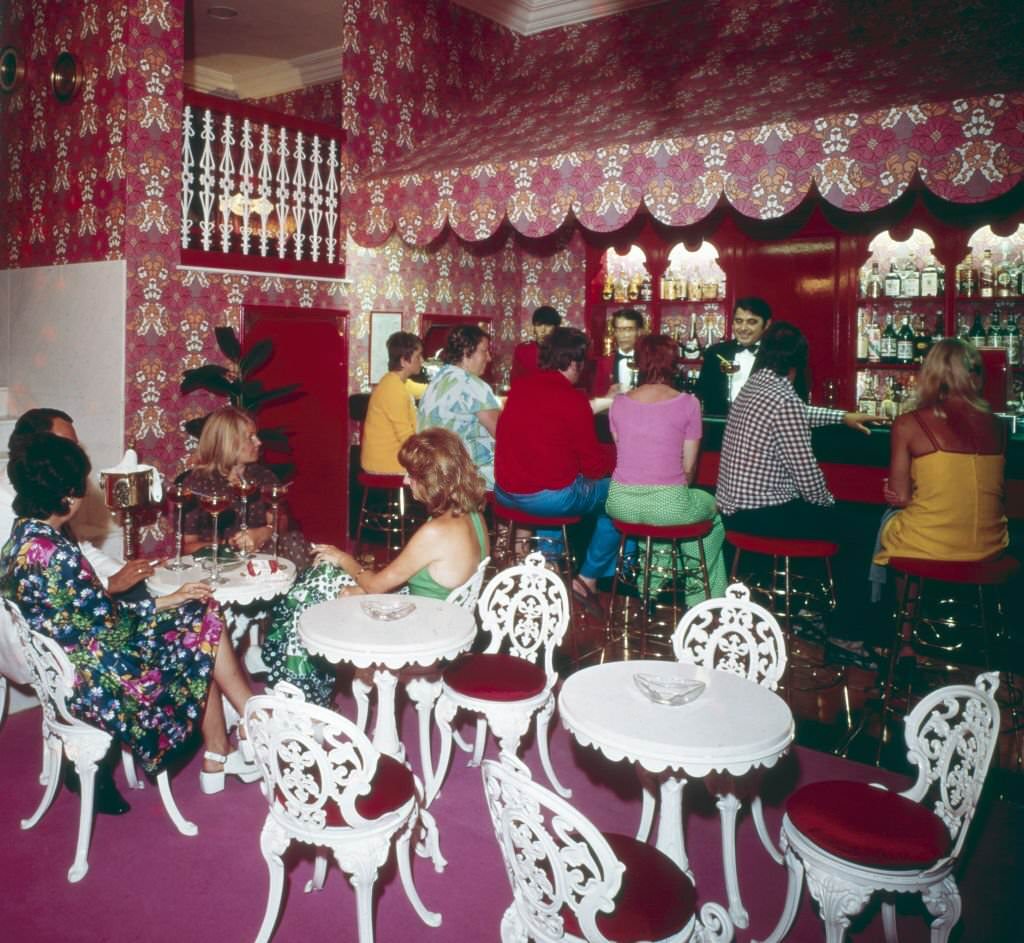 Tourists enjoying the nightlife at the bar of Hotel Argos, Ibiza 1976.