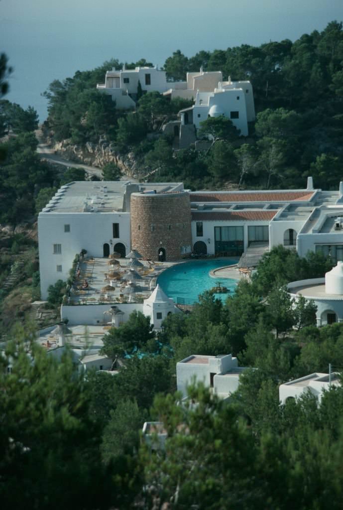 A view of the Hacienda Na Xamena hotel in Port de Sant Miguel, Ibiza, Spain, 1978.