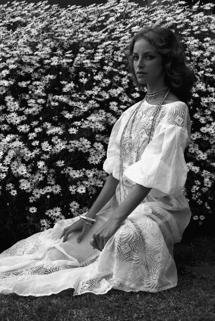 Actress Sydne Rome on vacation in May 1975 in Ibiza, Spain.