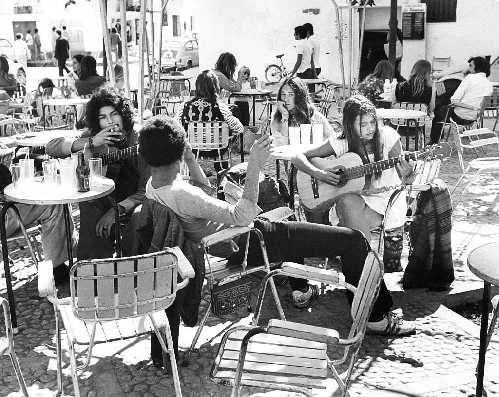 Hippies in a pavement cafe in Ibiza, 1972