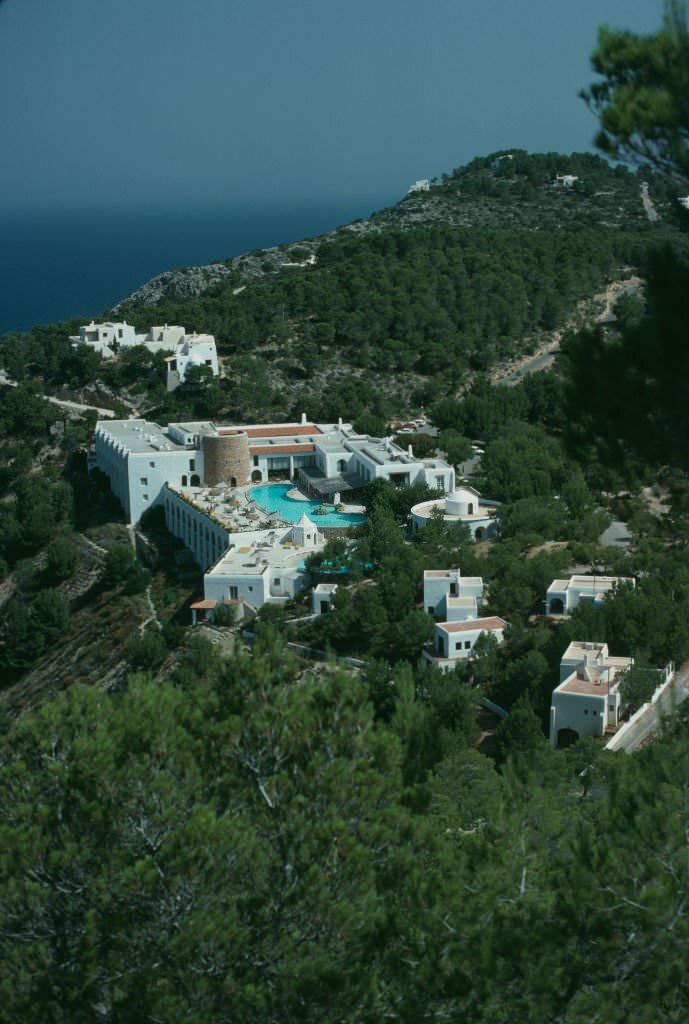 A view of the Hacienda Na Xamena hotel in Port de Sant Miguel, Ibiza, Spain, 1978.