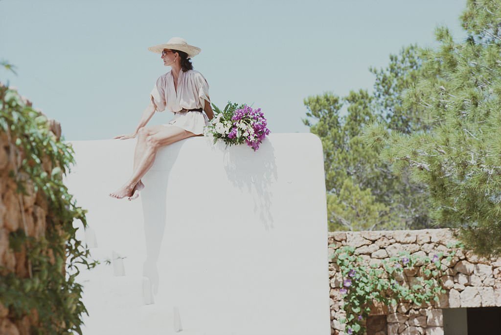 Society hostess and fashion designer, Viscountess Jacqueline de Ribes at her house in Ibiza, Spain, 1978.