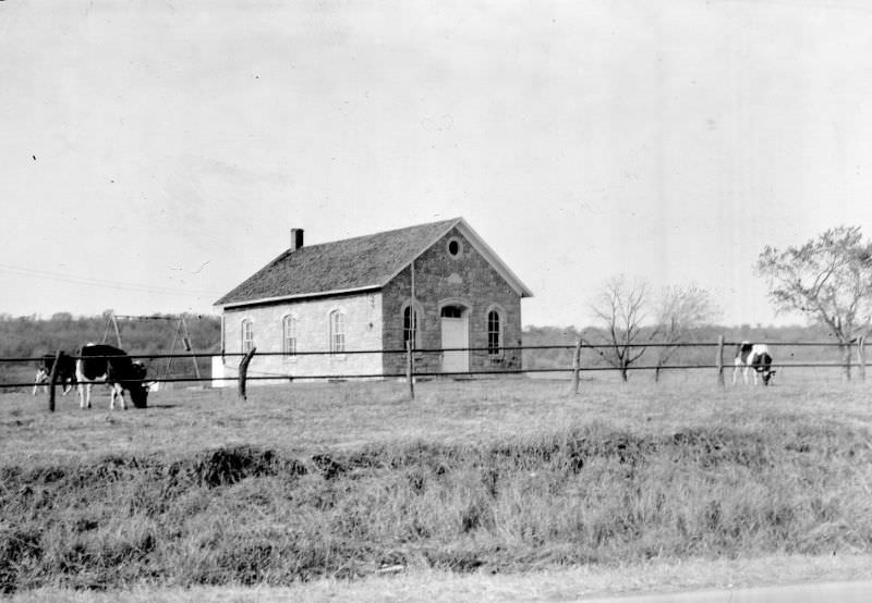 Stone schoolhouse, around Lawrence, Kansas, 1949