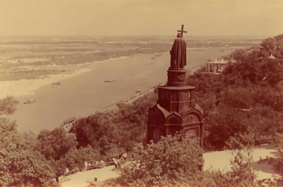 View of the river Dnieper from the Vladimirskaya hill, Kyiv, Ukraine 1960s